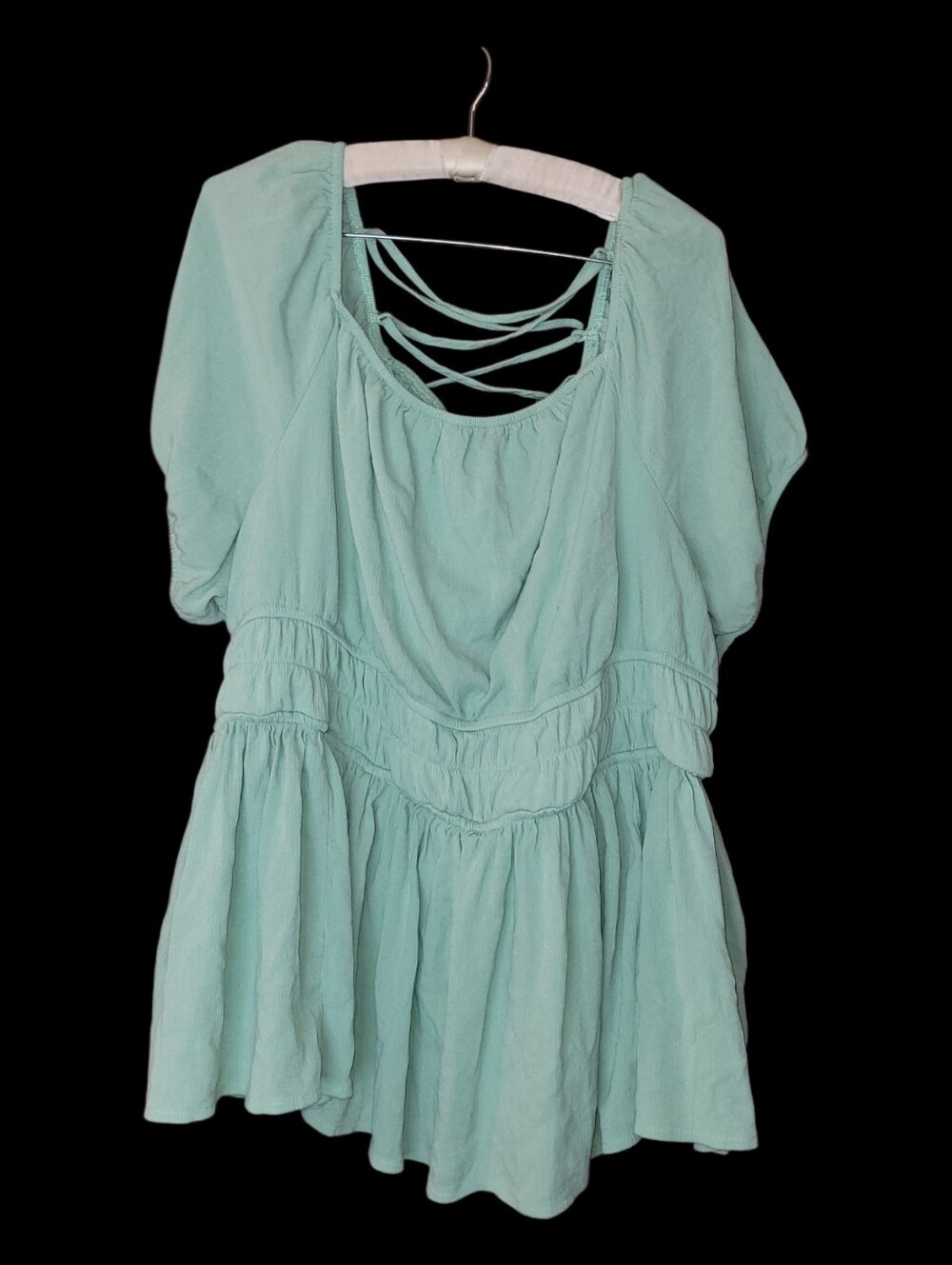 Torrid 3 Mint Green Smocked Peasant Blouse Criss Cross Tie Back Renaissance 3X